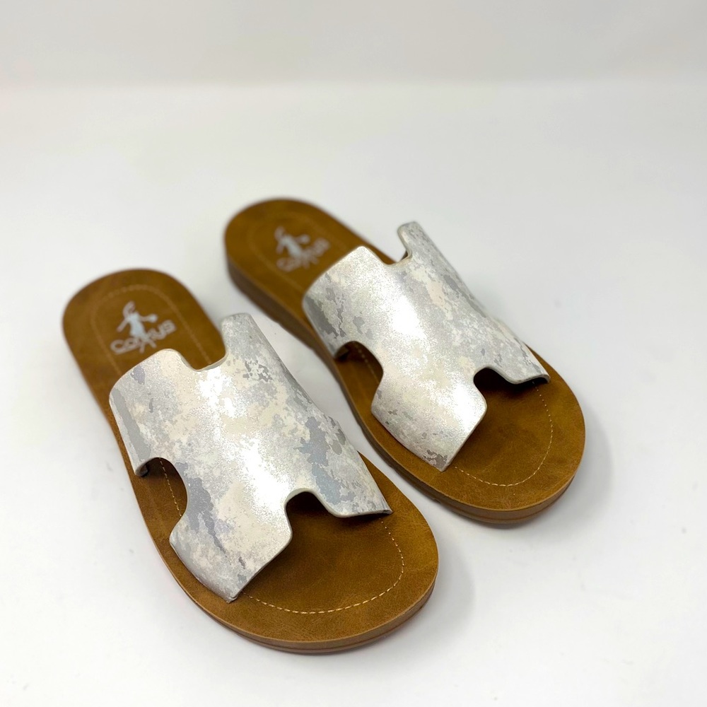 New Corkys white metallic sandals